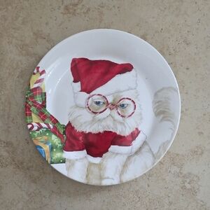 Pier 1 Grumpy White Cat Santa Christmas Plate Salad 9 Inch